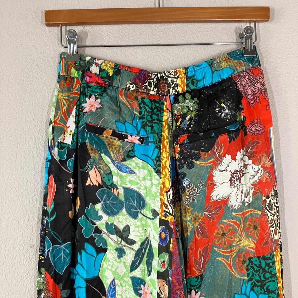 ANTHROPOLOGIE Satin Wide Leg Pants 8 Asian Chinoiserie Print Patchwork Artsy - Picture 5 of 13